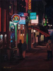 Halvemaansteeg Amsterdam - Night Scene - Oil On Canvas